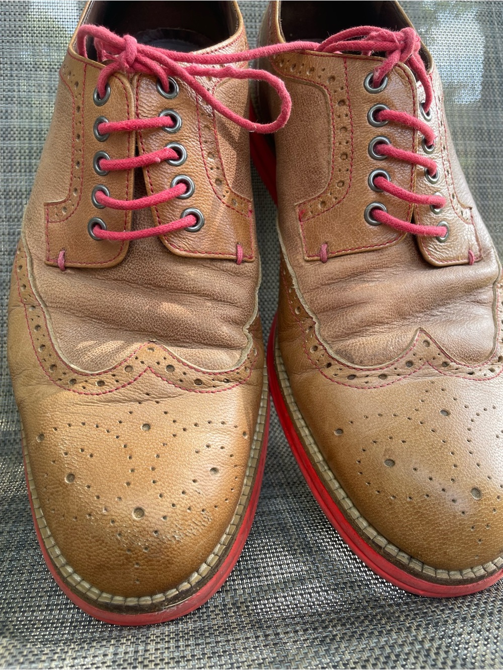Donald J. Pliner Tan Leather Wingtip Derbys with Pink Laces